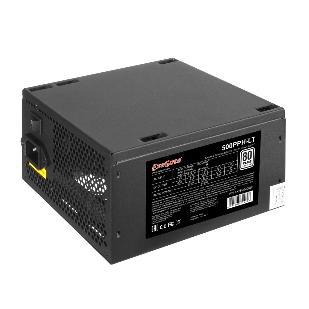 Блок питания 500W ExeGate 80+ 500PPH-LT-S (ATX, APFC, SC, 12cm fan, 24pin, (4+4)pin, PCIe, 5xSATA, 3xIDE, RTL, black, кабель 220V с защитой от выдергивания)