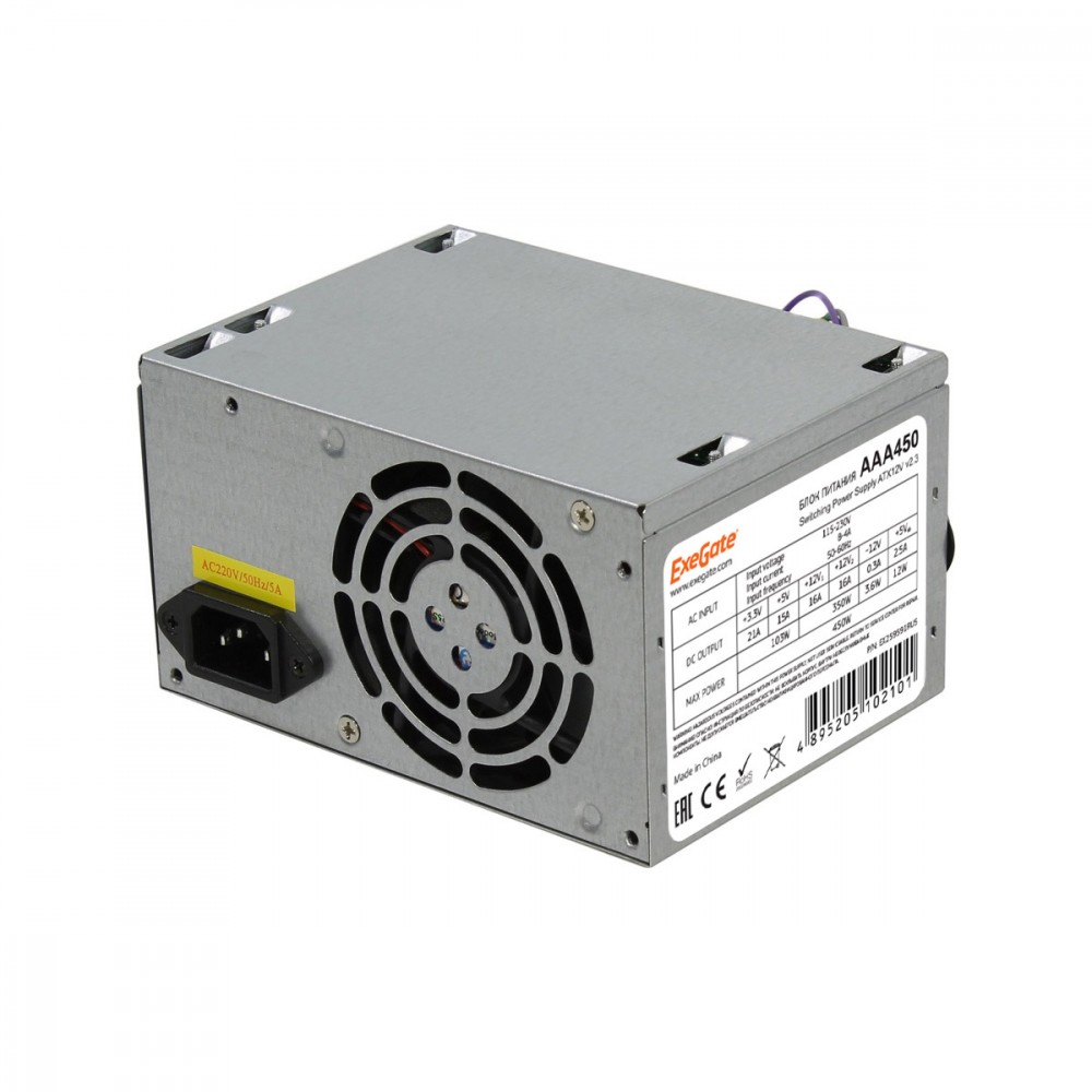 Блок питания 450W ExeGate AAA450 (ATX, SC, 8cm fan, 24pin, 4pin, 2xSATA, IDE, кабель 220V с защитой от выдергивания)