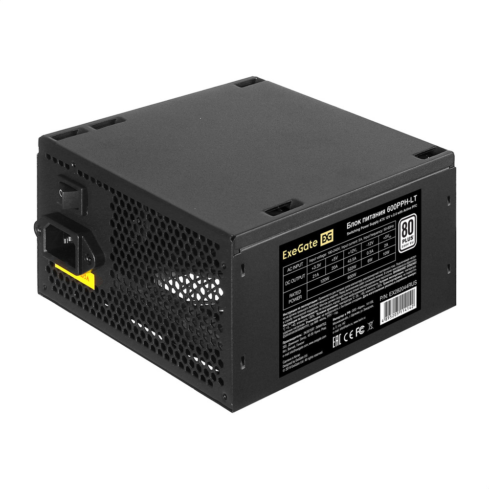Блок питания 600W ExeGate 80 PLUS® 600PPH-LT-S (ATX, APFC+Dual Forward, SC, КПД 82% (80 PLUS), 12cm silent fan, flat cables 24pin, 2x(4+4)pin, 2xPCI-E, 6xSATA, 3xIDE, кабель 220V 1,8м с защитой от выдергивания, black, Color Box)
