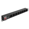 Блок розеток с сетевым фильтром (Surge Protect) и выключателем с подсветкой ExeGate ServerPro PDU-19H807 Al-8S-EU2CU-SW-SPD1 (19", 1U, Алюминий, 8 Schuko, кабель с евровилкой VDE-250V-16A-3*1.5mm2, медь, 2 метра, выкл. с подсветкой, SPD1, черный, RTL)