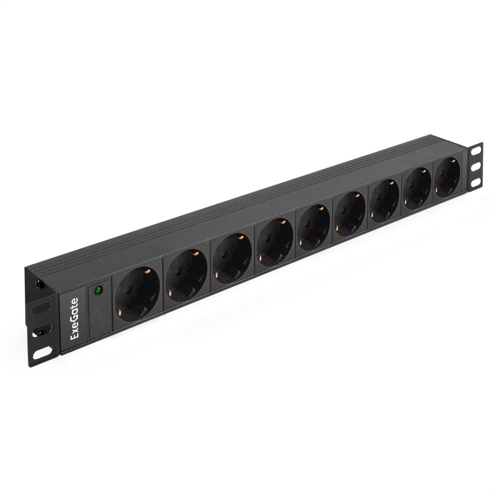Блок розеток с разъемом подключения C14 ExeGate ServerPro PDU-19H901 Al-9S-C14 (19", 1U, Алюминий, 9 Schuko, C14, индикатор питания, черный, RTL)
