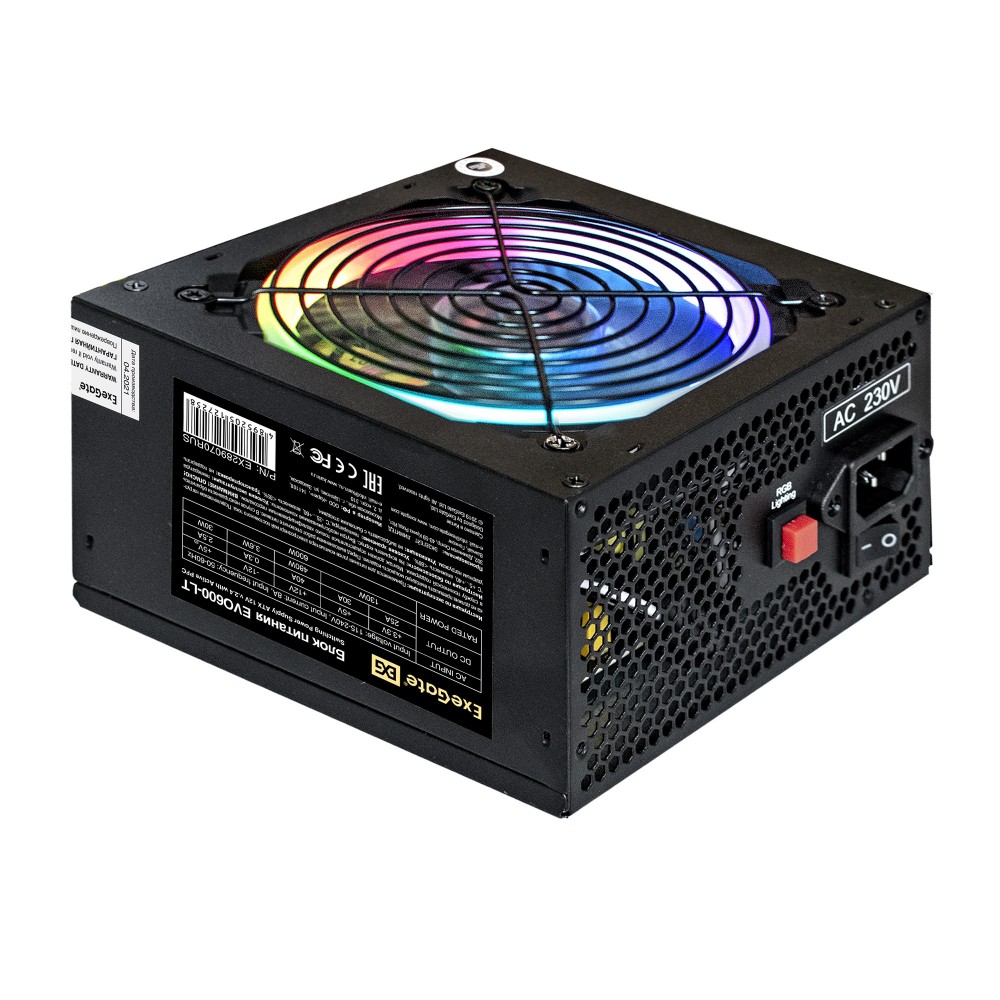 Блок питания 600W ExeGate EVO600-LT (ATX, APFC, КПД 80% (80 PLUS), 12cm RGB fan, 24pin, (4+4)pin, PCI-E, 5xSATA, 3xIDE, FDD, black)
