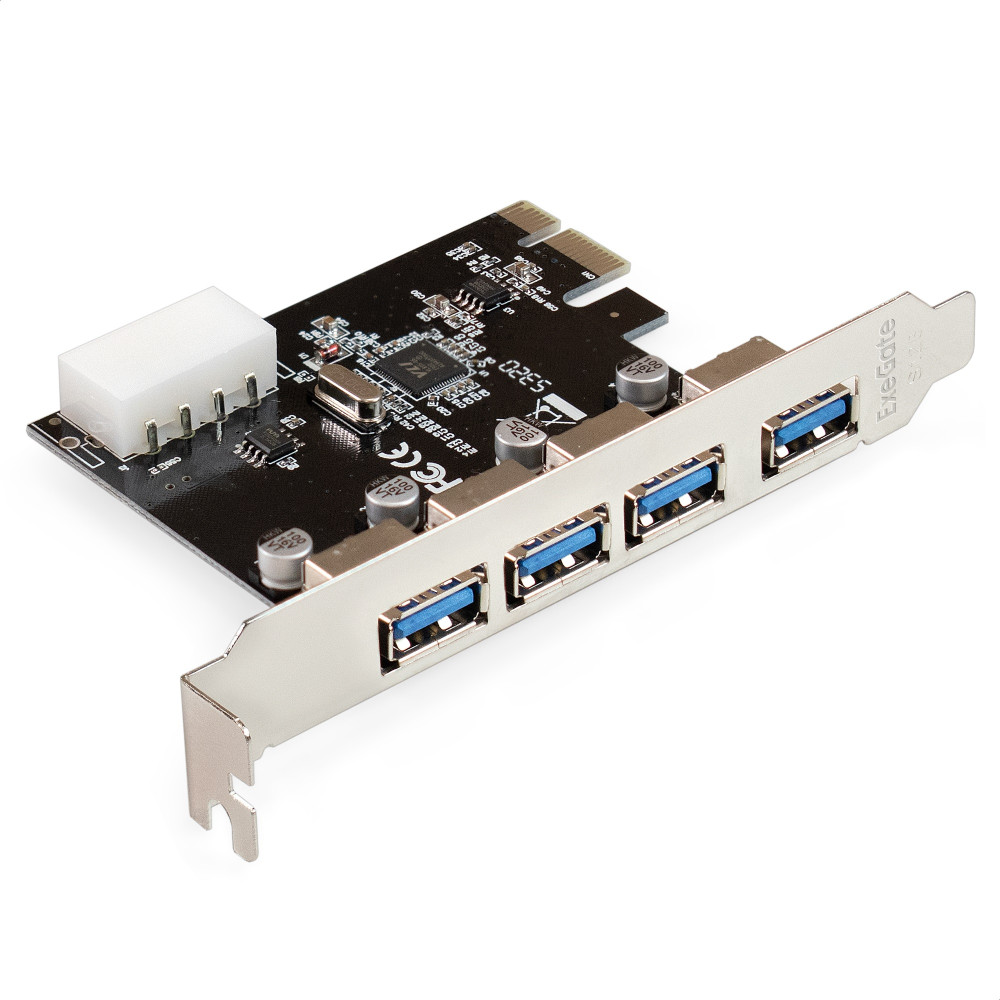 Контроллер ExeGate EXE-314 v2.0 (PCI-E x1 v2.0, 4*USB3.0 ext., разъем доп.питания Molex, VIA Labs Chipset VL805)