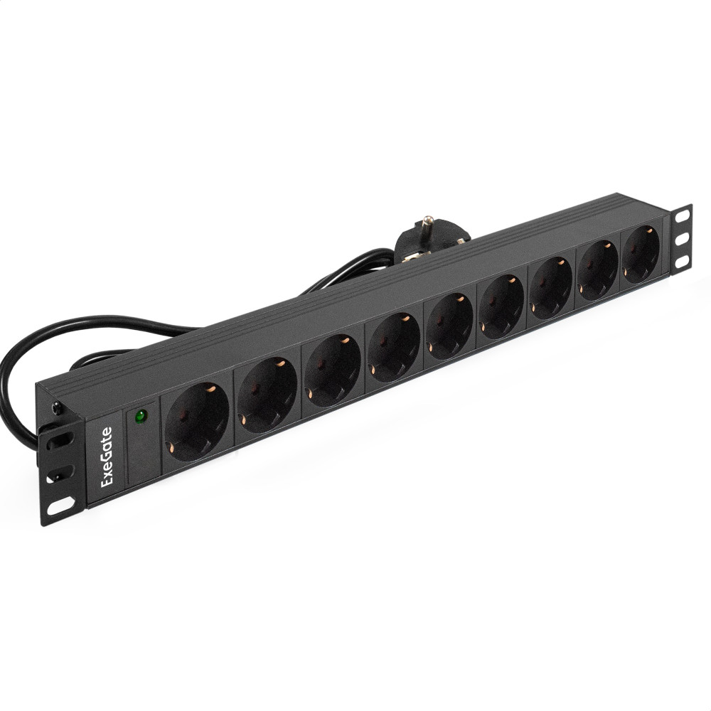 Блок розеток с кабелем с евровилкой ExeGate ServerPro PDU-19H904 Al-9S-EU2.5CU (19", 1U, Алюминий, 9 Schuko, кабель с евровилкой VDE-250V-16A-3*1.5mm2, медь, 2.5 метра, индикатор питания, черный, RTL)