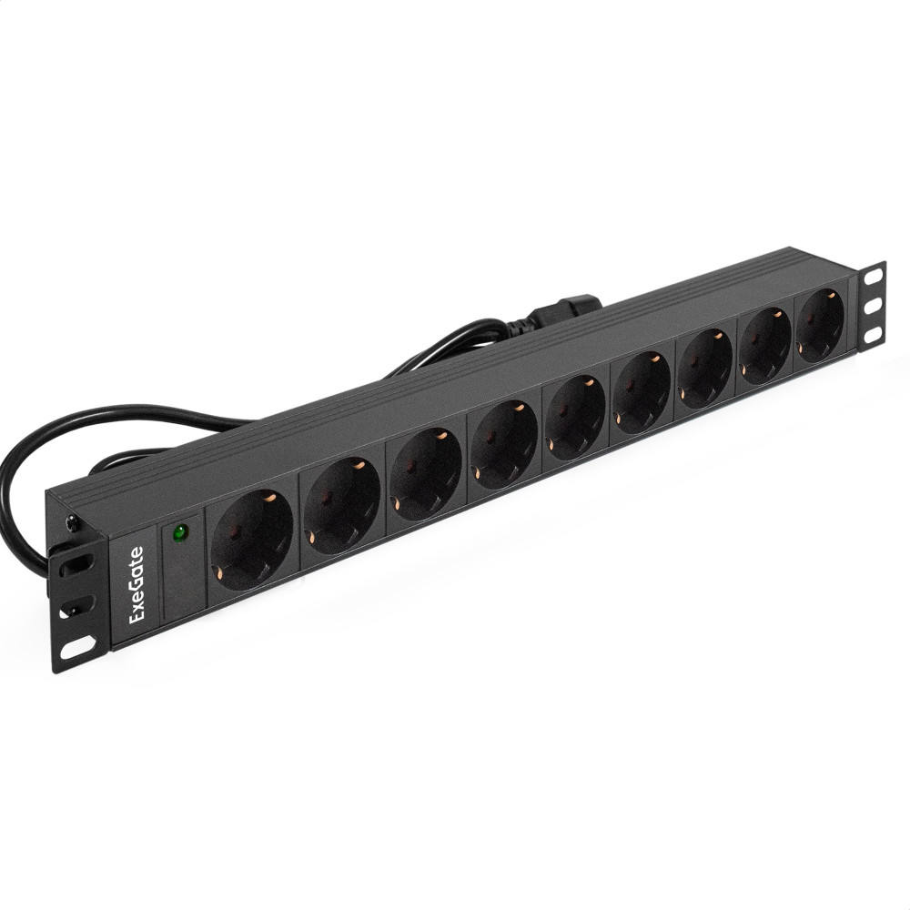 Блок розеток с кабелем с вилкой C14 ExeGate ServerPro PDU-19H906 Al-9S-C14-2.5CU (19", 1U, Алюминий, 9 Schuko, кабель с вилкой C14 VDE-250V-10A-3*1.0mm2, медь, 2.5 метра, индикатор питания, черный, RTL)